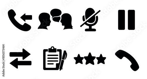 Communication icons set: phone, chat, microphone, pause, clipboard, ratings