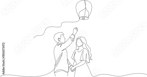 Minimalist continuous line drawing depicts a couple holding hands and releasing a glowing sky lantern into the air