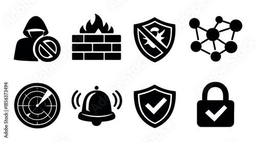 Cybersecurity icons: firewalls, shields, alerts, encryption, network protection