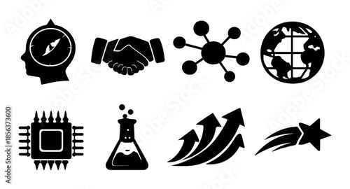 Abstract symbols of technology and science featuring compass and network connections
