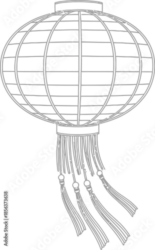 Traditional black and white outline drawing of an elaborate Asian spherical lantern featuring dangling decorative tassels for coloring or design projects.