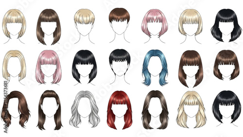 Collection of diverse hairstyles for women in various colors and styles