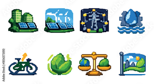 Pixel art icons of sustainable energy and environmental conservation