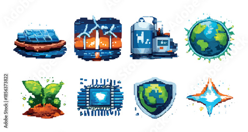 Icon set depicting renewable energy and environmental sustainability