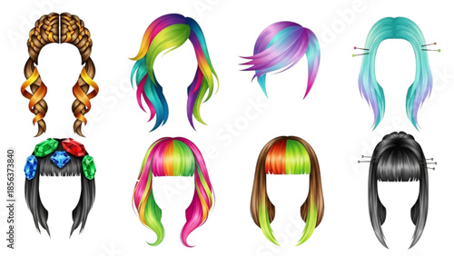 A stunning collection concept of colorful and diverse women's hairstyles and fashionable wigs for creative design