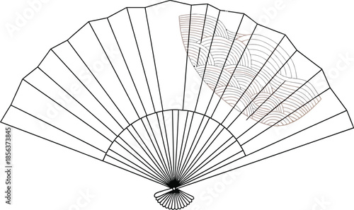 Minimalist black line art illustration of a traditional Japanese folding fan featuring subtle brown wave patterns on white
