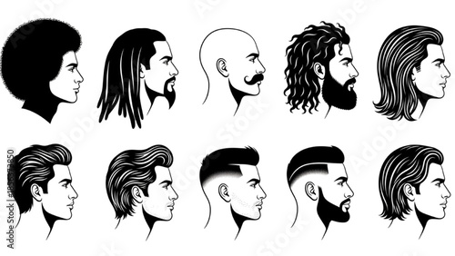 Vector Collection of Diverse Male Hairstyles & Facial Hair Modern Grooming & Fashion Trends for Men