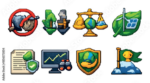 Pixel art environmental icons representing sustainability and renewable energy concepts