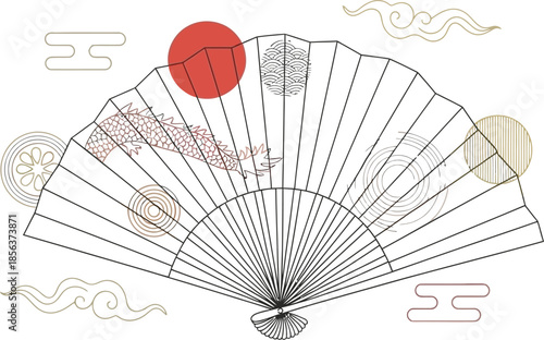 Traditional Asian folding hand fan decorated with a stylized red dragon symbol and subtle geometric patterns