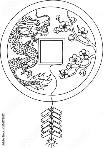 Outline drawing of an ancient Chinese prosperity coin featuring a detailed dragon, cherry blossoms, and attached firecrackers for celebration