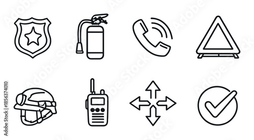Emergency and safety icons set with fire extinguisher and communication symbols
