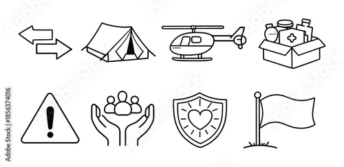Emergency response icons: helicopter, tent, medical supplies, and safety symbols