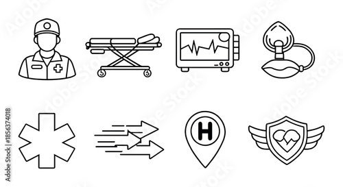 Emergency medical icons set: doctor, stretcher, monitor, mask, star, arrows, hospital, shield