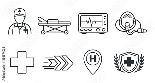 Medical icon set featuring healthcare worker and emergency equipment
