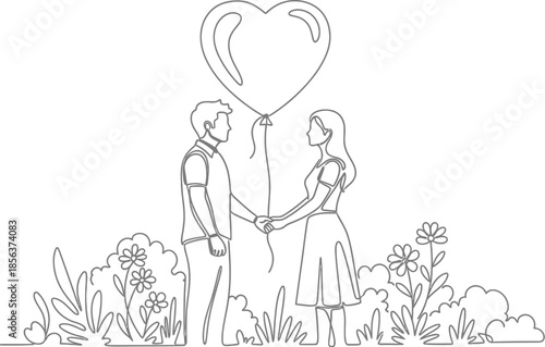 Minimalist single line drawing depicts a loving couple holding hands beneath a large heart shaped balloon in a field of flowers