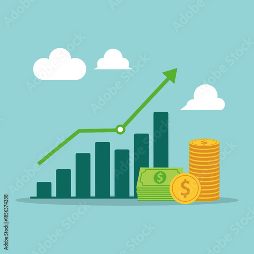 Financial Growth Chart with Coins and Cash Stacks