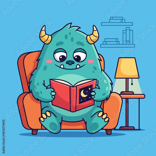 Friendly monster reading a book in a cozy room