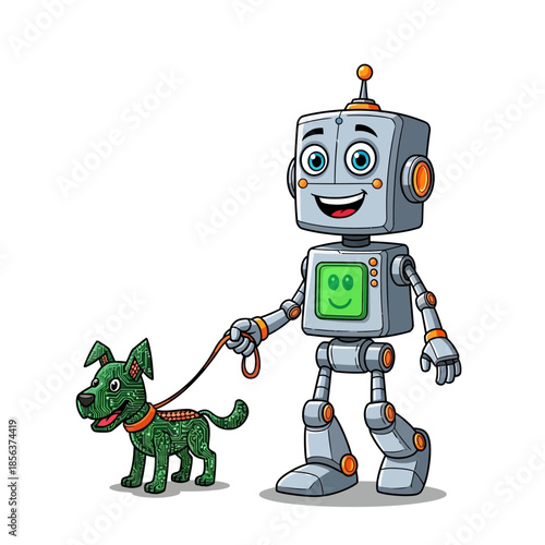 Friendly robot walks a playful green dog in park