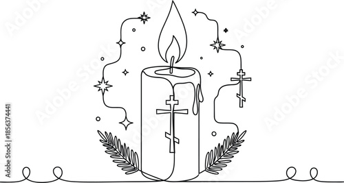 Single line art drawing depicts a burning religious candle adorned with an Orthodox cross and surrounded by stars and delicate foliage.