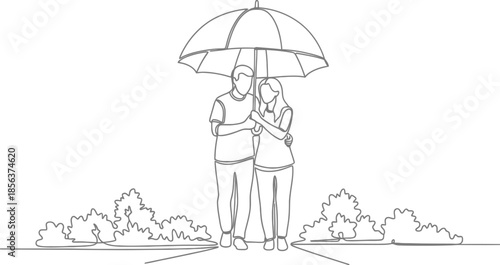 Minimalist continuous line drawing depicts a couple sharing a protective umbrella while standing outdoors surrounded by simple foliage details