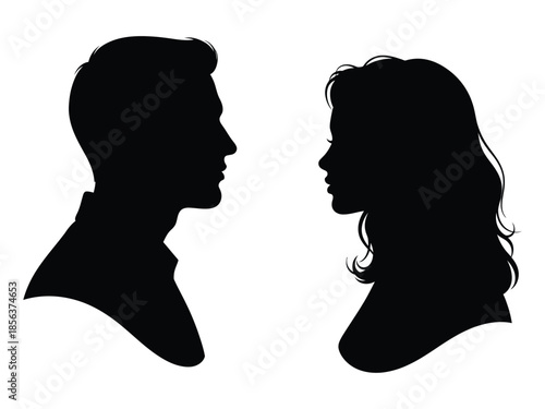 Silhouettes of a man and a woman facing each other in profile