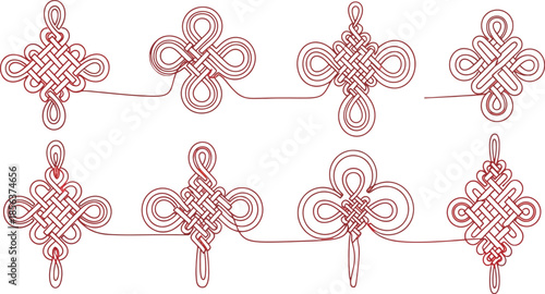 Collection of intricate red line art illustrations depicting various traditional Chinese prosperity knots arranged symmetrically on a white background