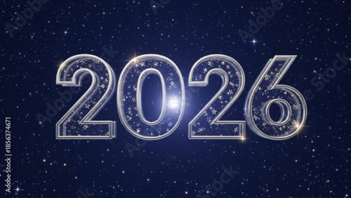 Glowing silver 2026 text with starry night sky background and shining effect