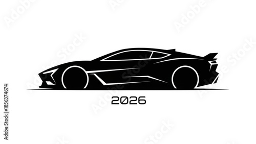 Futuristic sports car silhouette illustration with sleek design and 2026 label on white background