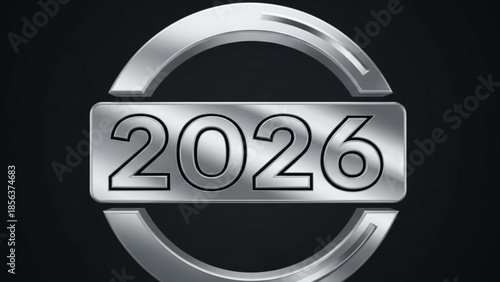 Silver metallic 2026 logo emblem on black background, modern futuristic design element, calendar date or event label, sleek vector illustration