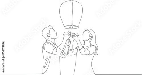 Couple releasing a wishing sky lantern together under the night sky in a simple continuous line art drawing