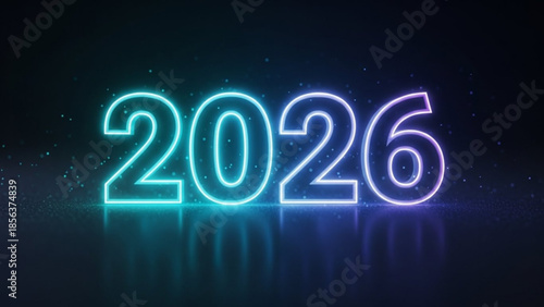 Glowing neon numbers 2026 on dark background with reflection and stars, futuristic new year concept