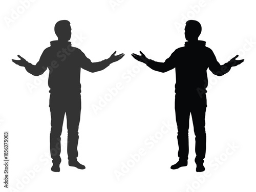 Two silhouettes of men with arms outstretched in a questioning pose