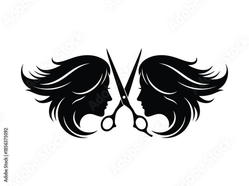 A striking silhouette of two women s faces formed by hair and scissors