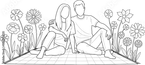Line art drawing depicts a young couple sitting closely together on a checkered blanket surrounded by many blooming wildflowers in a simple style.