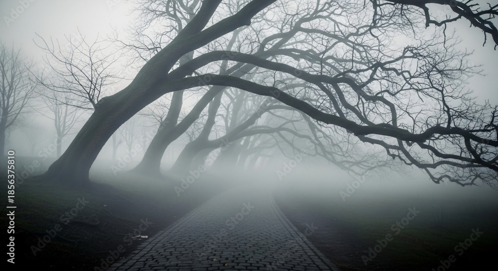 Obraz premium Cobblestone path lined with bare trees in thick fog