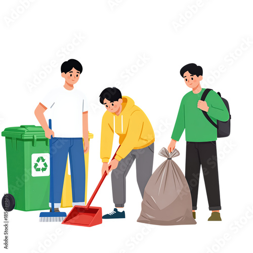 Three young men cleaning with bin and trash bag.