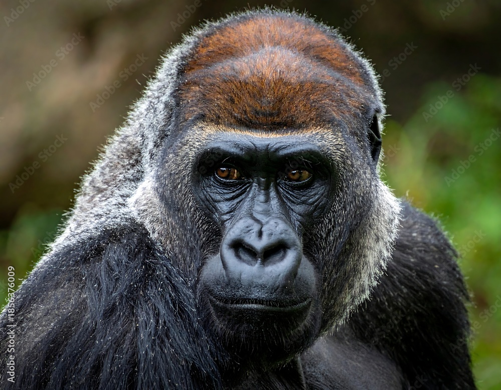 Fototapeta premium Close-up of a gorilla with a silverback, looking straight at the viewer