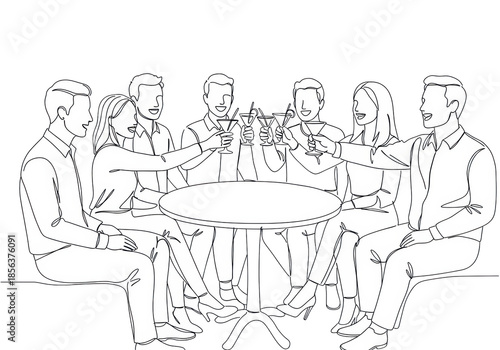 Continuous line illustration of six diverse adults toasting with slender cocktail glasses, thick black ink line, minimalist vector graphic style on white. concept of unified social bonding