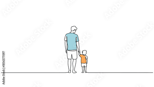 Minimalist continuous line art illustration of a father and son walking together, simple outline drawing for family, parenting, and childhood.