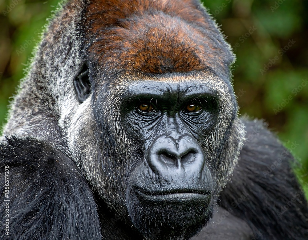 Obraz premium Close-up of a silverback gorilla, gazing with intense eyes