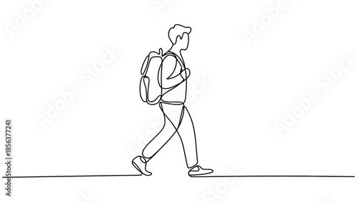 Minimalist continuous line art illustration of a man walking with a backpack, simple black outline drawing for travel, education, and adventure.