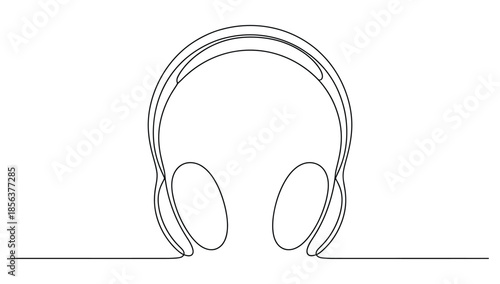 Minimalist continuous line art illustration of over-ear headphones, a simple black outline drawing for music, podcast, audio, and studio equipment.