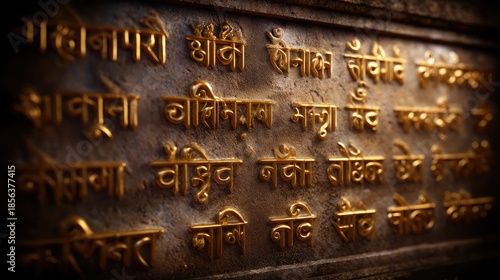 Ancient Sanskrit Inscription on Stone Tablet with Golden Text and Textured Background