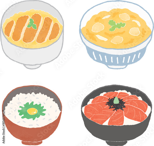 手描き風の丼物料理のイラストセット