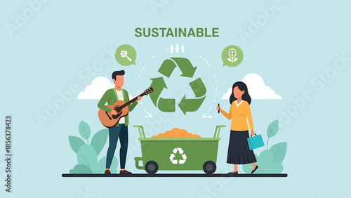 Couple recycling waste in green cart with recycling symbols in flat design illustration for environmental awareness campaign