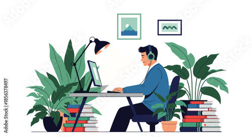 Man working from home at a desk with a computer and headphones, surrounded by lush green house plants and stacks of books.
