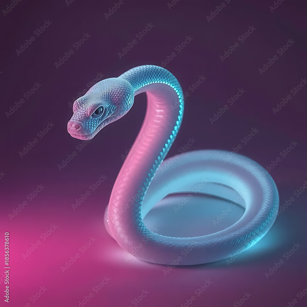 Fototapeta premium Vibrant snake with neon pink and blue scales coiled dynamically