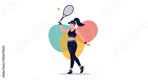 Athletic young woman in modern sportswear playing tennis, swinging her racket to hit the ball with an abstract colorful background.