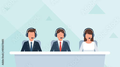 Customer service representatives in headsets in modern office with flat design in soft blue colors on geometric background for corporate use