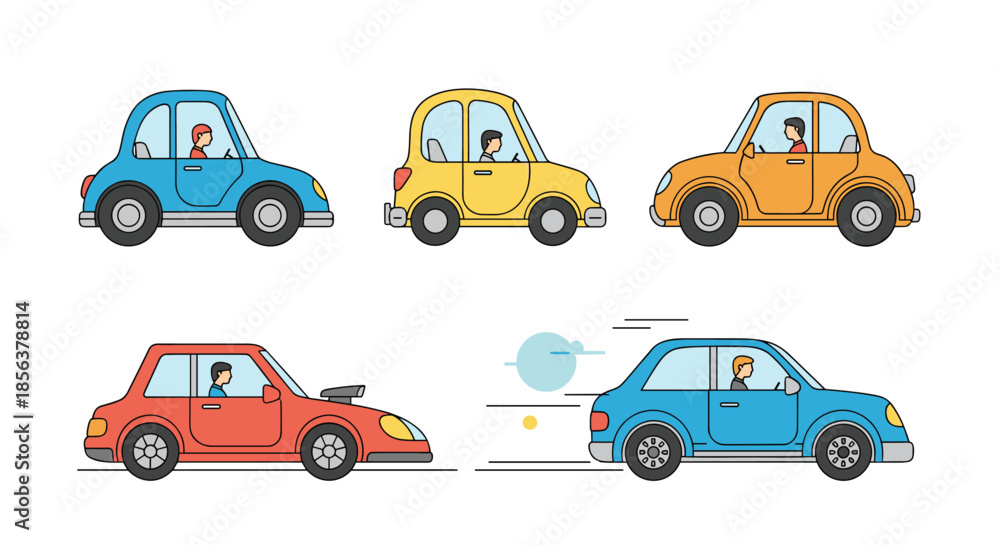 Obraz premium Collection of five colorful and cute cartoon cars, including various models and a fast sports car, isolated on a white background.